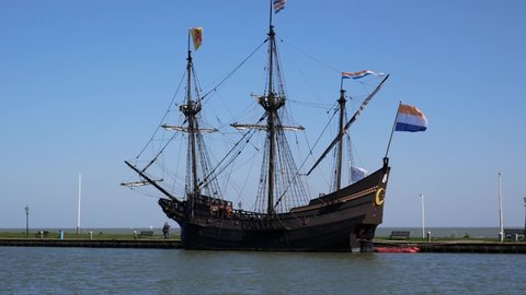 Volendam, the Netherlands - april 22 2020: VOC ship the Halve Maen with dutch flag