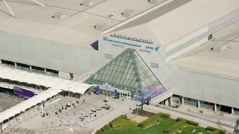 London UK - April 2020: Aerial view ExCel Convention centre Docklands now temporary Nightingale Hospital for Coronavirus patients England