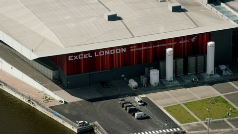 London UK - April 2020: Aerial view ExCel Convention centre Royal Victoria Docks now temporary Nightingale Hospital for Coronavirus patients England