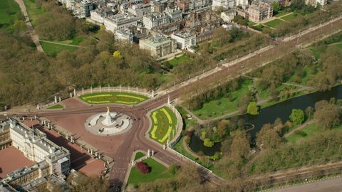 Aerial London cityscape view of Victoria Memorial Buckingham Palace empty of tourists locations closed due to Covid19 pandemic England UK