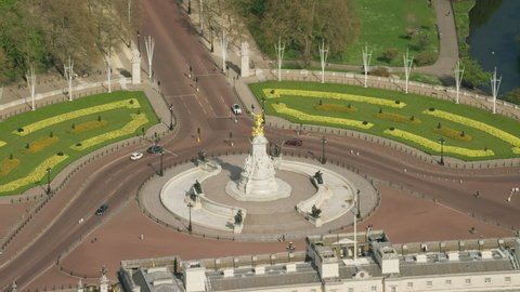 Aerial London cityscape view of Victoria Memorial Buckingham Palace empty of tourists locations closed due to Covid19 pandemic England UK
