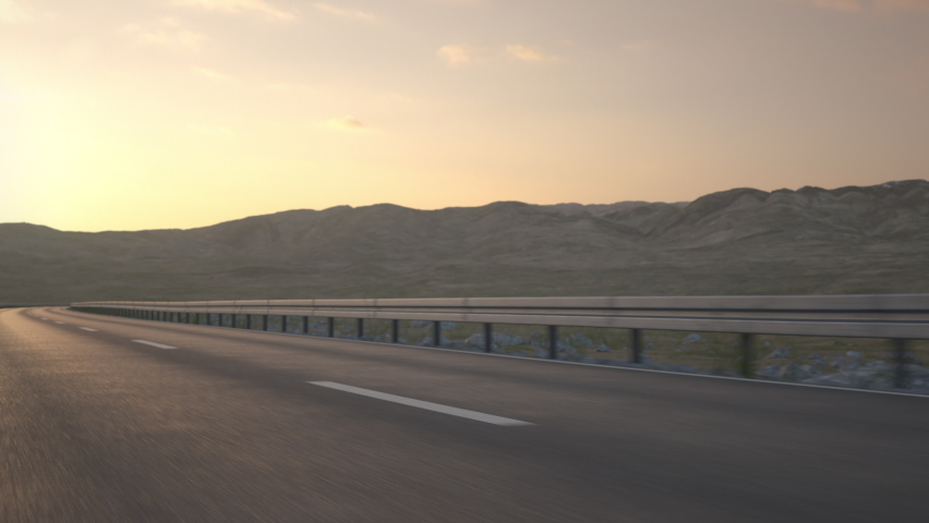 Aerial view of a self driving autonomous electric car driving along a desert road in to the sunset. E-mobility concept. Realistic high quality 3d animation. Royalty-Free Stock Footage #1064445655