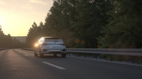 Aerial view of a self driving autonomous electric car driving along a countryside road in to the sunset. E-mobility concept. Realistic high quality 3d animation.