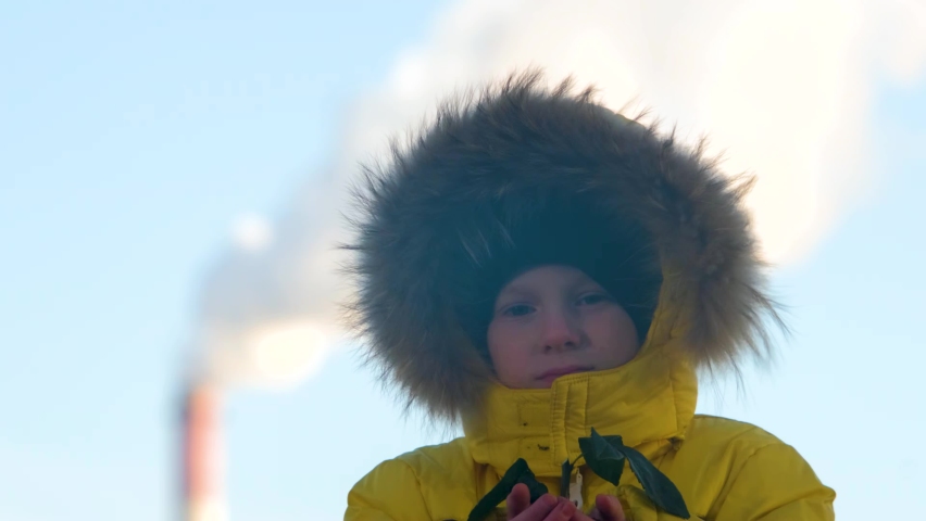 A child holds a wilted plant sprout in his hands against the background of emissions from the plant