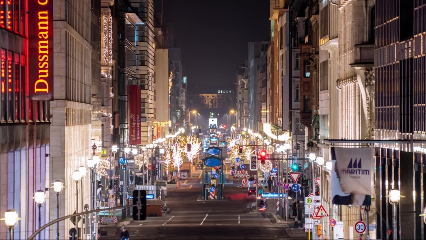 BERLIN - DECEMBER 2020: Christmas illuminations Friedrichstrasse, on in Berlin, Germany. The Friedrichstrasse is a major culture and shopping street in central Berlin.