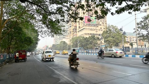 Kolkata, india, December 2020: Busy road of Kolkata city near park street. Kolkata is the biggest and busiest city of West Bengal State in India.