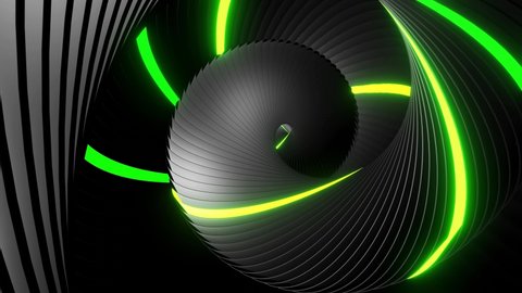 abstract geometric looped bg with rings form complex twisted spiral and light effects. Rings flash neon multicolor lights. Neon ring bulbs for show or events, festivals or concerts, vj night clubs.