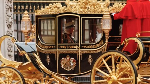LONDON, circa 2019 - Prince Charles enters Buckingham Palace the state coach after the State Opening of the Parliament in London, England, UK