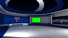 TV studio. Australia. Australian flag. News studio. Loop animation. Background for any green screen or chroma key video production. 3d render. 3d
