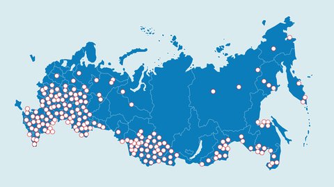 Two color variations of the animated map of Russia with the appearance of a huge variety of emerging dots. Blue and green colors. 2D flat animation isolated on blue background with alpha luma matte 4k