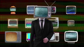 Man with television stuck on head with glitch and distortion on the screen and vintage Tvs in the background