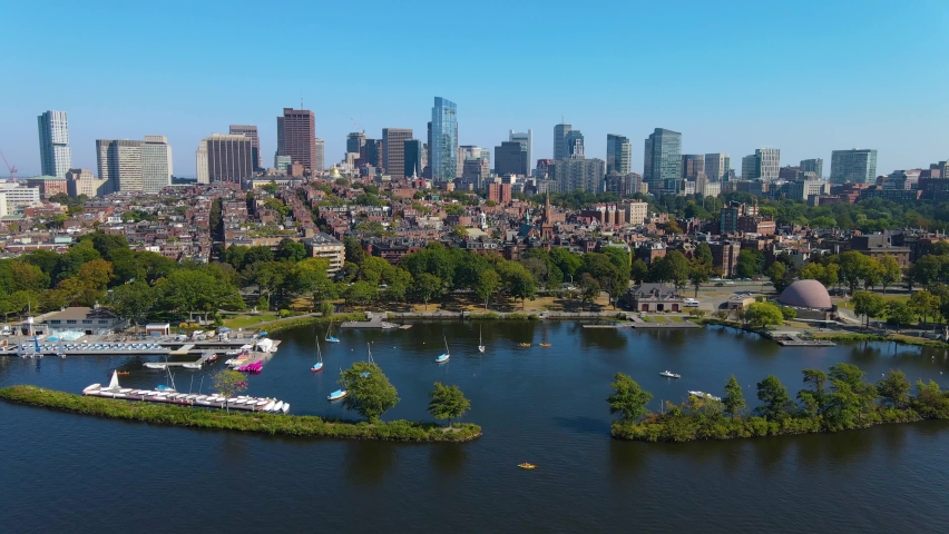 Boston financial district modern city skyline aerial view with Charles River, Boston Common and Beacon Hill historic district in downtown Boston, Massachusetts MA, USA. 