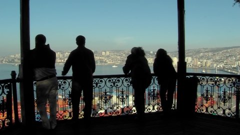 Valparaiso, Chile - March 2020: Silhouette of People at 21 de Mayo Lookout in Valparaiso, Chile.