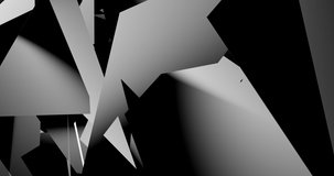 Flat geometric black and white shapes are chaotically moving in space