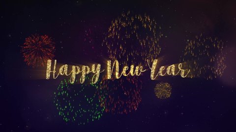 4K Happy New Year Animation - with colourful fireworks, star filled sparkle text over a fantastic night sky.  

Text is drawn on with magical lights, and an animated shooting star and night sky.