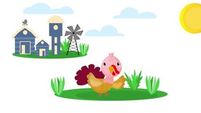 A video about farm turkey on a white background with a moving clouds and sun. Animated illustration. 