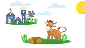 A video about farm bull on a white background with a moving clouds and sun. Animated illustration. 