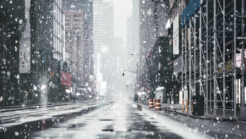 Snow storm in New York. Manhattan, heavy snow fall, blizzard. Snow storm in the city. Empty streets during snowfall. 3d visualization Royalty-Free Stock Footage #1064500180