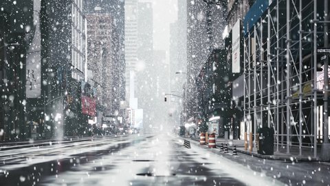 Snow storm in New York. Manhattan, heavy snow fall, blizzard. Snow storm in the city. Empty streets during snowfall. 3d visualization