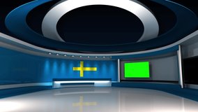 TV studio. Sweden. Swedish flag. News studio.  Loop animation. Background for any green screen or chroma key video production. 3d render. 3d 