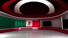 TV studio. Mexico. Mexican flag studio. Mexican flag background. News studio. The perfect backdrop for any green screen or chroma key video or photo production. 3d render. 3d