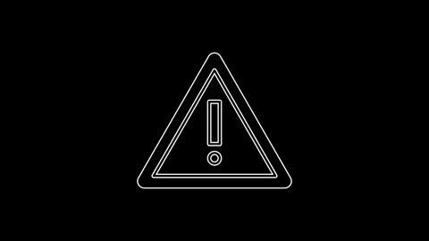 White line Exclamation mark in triangle icon isolated on black background. Hazard warning sign, careful, attention, danger warning important sign. 4K Video motion graphic animation
