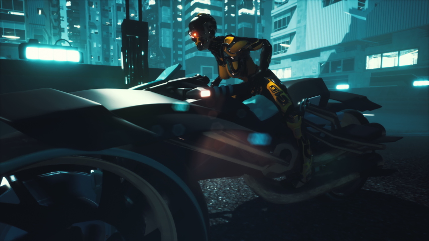 Cyborg chases a girl on a motorcycle through the night streets of a neon cyber city. Animation for fiction, cyber and science fiction backgrounds. View of an future fiction city. 3D animation  | Shutterstock HD Video #1064518954