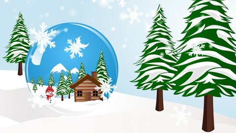 Snow globe in the winter background animation with the concept of animated snow globe, snowfall, and trees. Snow background animation with snow globe. Winter background animation