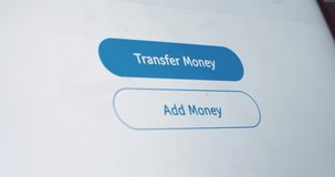 Macro video shot of cursor clicking transfer money button on device screen slow motion. Faceless person sending money online on paypal website. Mock up digital banking application concept