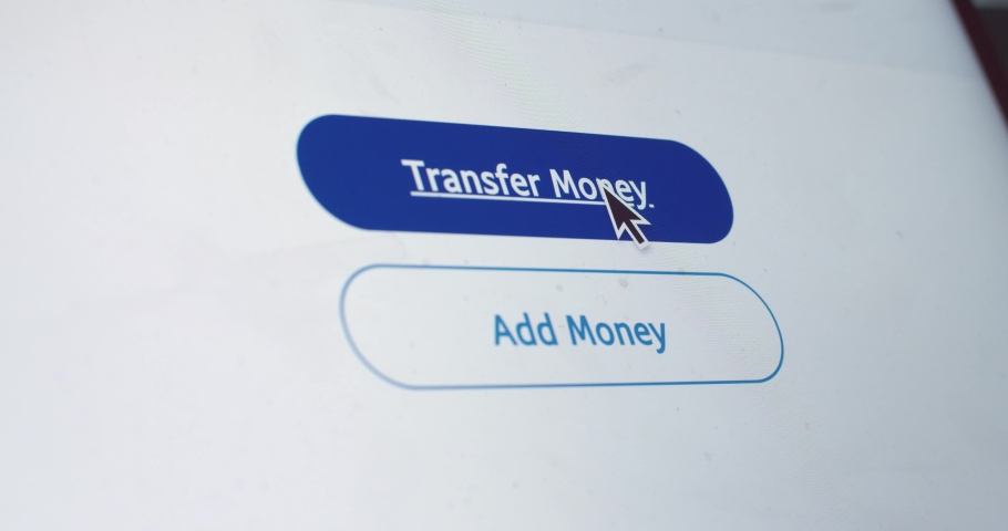 Macro video shot of cursor clicking transfer money button on device screen slow motion. Faceless person sending money online on paypal website. Mock up digital banking application concept | Shutterstock HD Video #1064528488