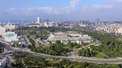 Aerial view of the Knesset, The Israeli house of Parliament, located in Jerusalem, with city rooftops in the horizon.