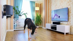 Online workout, remotely. Young woman, in sportswear, watching tutorial video with fitness coach on TV and practicing exercises at home. doing sports during lockdown, at home