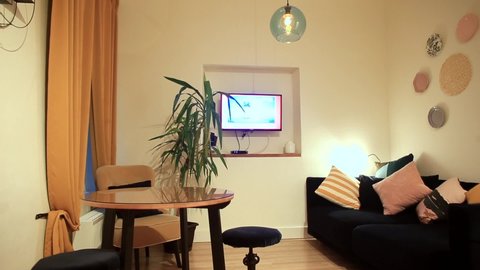 Interiors of cozy small room for short term rent. A live plant in pot, a table, a sofa with pillows, TV, a table and decorations on the walls. No people inside. Viewing an apartment for rent, airbnb.