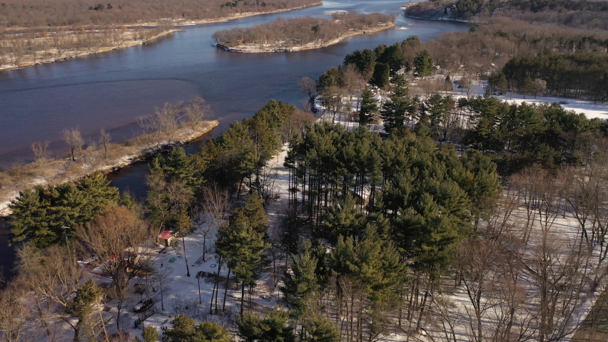 Aerial View of the Wisconsin River in winter. Rural landscape