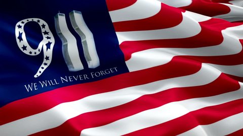 United States tribute of remembrance September 11 Memorial flag Closeup 1080p Full HD 1920X1080 footage video waving in wind. National 3d United States flag waving USA - New York, 11 September 2020
