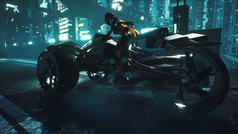 Cyborg rides a huge speed on the motorcycle of the future through the neon streets of the night cyber city. Animation for fiction, cyber and science fiction backgrounds. A view of the neon sci-fi city Stockvideó
