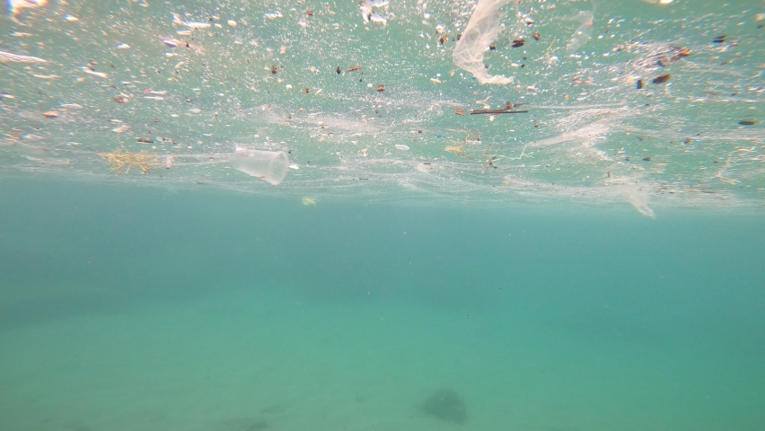 Garbage floating on the surface of the water in the sea. Shooting from under water.