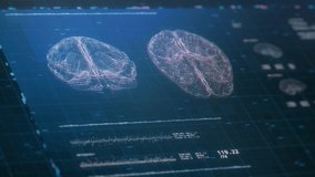 Futuristic brain scanning animation. Neurology data, vital signs on display. MRI device. Future technology. Diagnosis of diseases. 3D HUD or interface. Digital cyber 4K concept. Depth of Field effect. - Powered by Shutterstock - Get 15% off with code: PIKWIZARD15