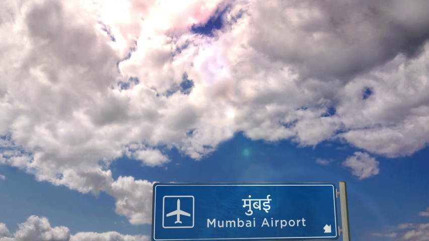 Jet plane landing in Mumbai, Bombay, India, Maharashtra. City arrival with airport direction sign. Travel, business, tourism and transport concept. 3D rendering animation.