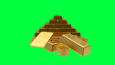 Gold bars stacked in a pyramid with coins and bitcoin sign rotate on a green screen in 3D animation. 4K resolution	
