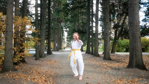 teenager girl 12 years old is engaged in karate outdoors in the park. Healthy lifestyle concept. playing sports. martial arts. Judo, Jiujitsu. bold, strong. She works with different stances. Workouts