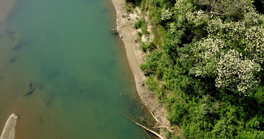 Aerial photo of the free flowing  Drava River with natural banks and gravel bars