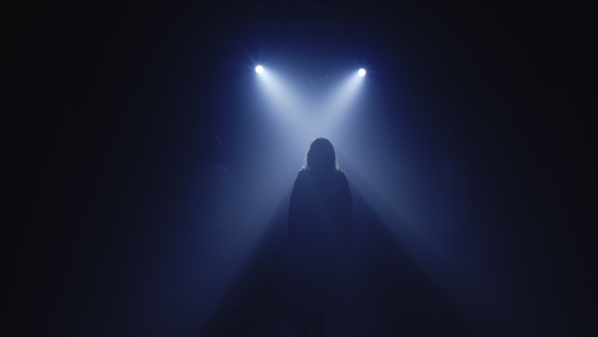 Backlit silhouettes of singer vocalist girl, saxophonist sax, dj man walking forward in dark musician nightclub disco for starting concert on stage. Light appears and illuminates musical group band Royalty-Free Stock Footage #1064600116