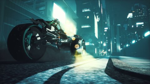 A cybernetic robot rushes on a futuristic motorcycle along the night street of the city of the future. Animation for fiction, cyber and science fiction backgrounds. A view of the neon sci-fi city