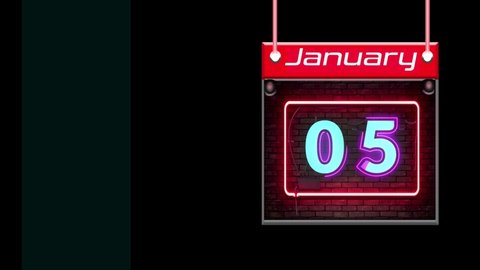 05 January Neon effect text, monthly Calendar on workplace with Black Background, Empty space for text, Copy space right