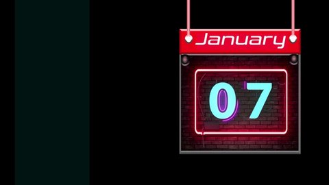 7 January Neon effect text, monthly Calendar on workplace with Black Background, Empty space for text, Copy space right