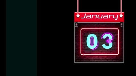 03 January Neon effect text, monthly Calendar on workplace with Black Background, Empty space for text, Copy space right
