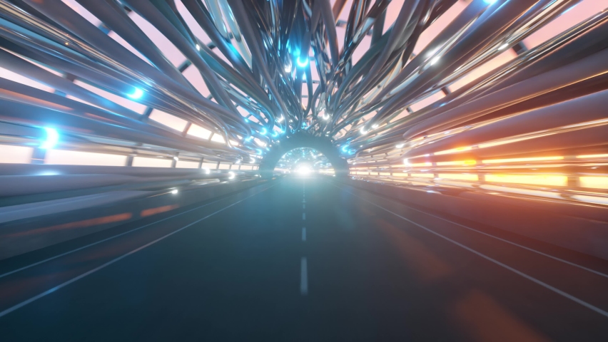 Flying in a futuristic fiber optic tunnel with a road. Future technologies concept. Business background. Pleasant natural lighting. Seamless loop 3d render | Shutterstock HD Video #1064623081