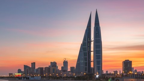 Manama, Bahrain - 4K time lapse video of Manama cityscape dominating Bahrain World Trade Centre taken on DEC 2020
