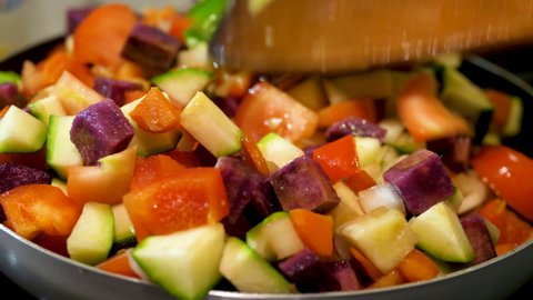 Hot pot with ingredients vegetable stew. Preparing vegetarian fry food. Healthy eating food 